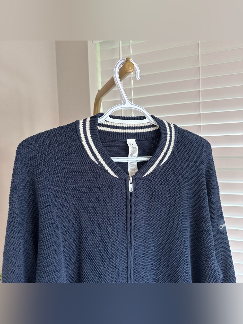 ALO Yoga Navy Sweater Jacket with White Striped Trim - Picture 2 of 7